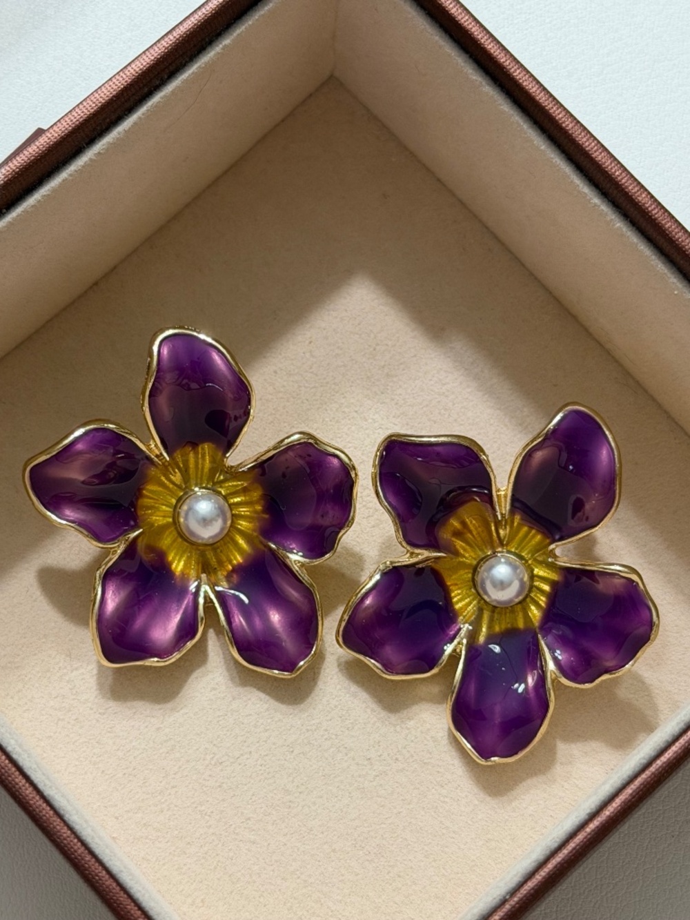 Vintage Golden Purple Drip Oil Flower Statement Earrings Faux Pearl Center